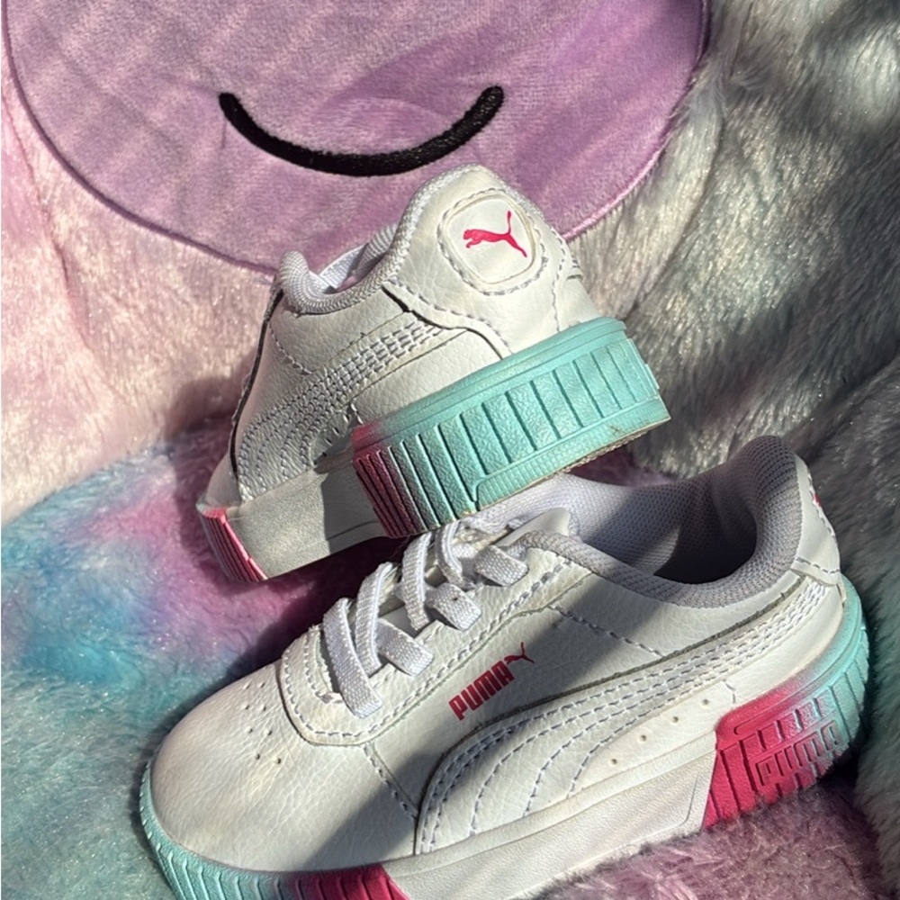 Puma Kids White Sneakers with Pink & Aqua Sole Accents